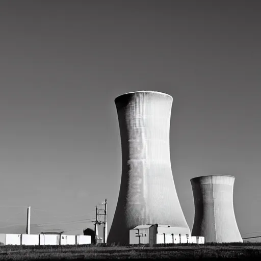 Prompt: black and white photo of a nuclear facility