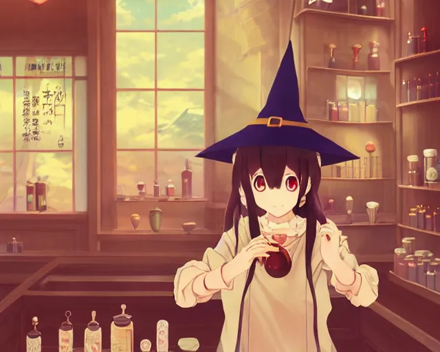 Image similar to anime visual, portrait of a young female traveler wearing a witch hat in a alchemist's potion shop interior, cute face by yoh yoshinari, katsura masakazu, cinematic luts, cold colors, dynamic pose, dynamic perspective, strong silhouette, anime cels, ilya kuvshinov, crisp and sharp, rounded eyes, moody