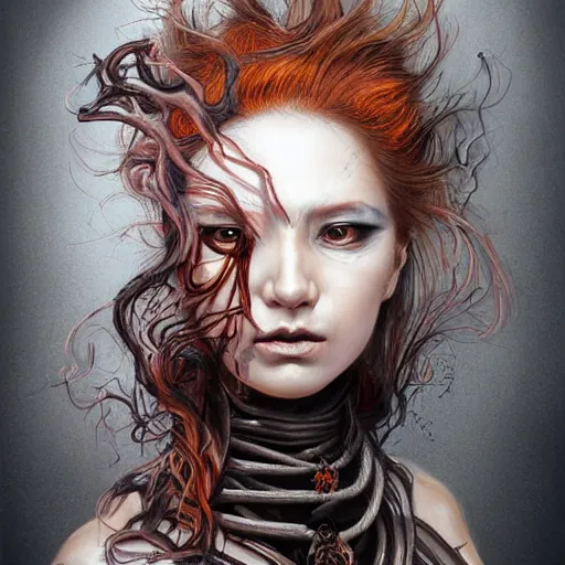 Prompt: portrait of a Shibari rope wrapped face and neck, headshot, insanely nice professional hair style, dramatic hair color, digital painting, of a 17th century cyborg merchant, amber jewelry, baroque, ornate clothing, scifi, realistic, hyperdetailed, chiaroscuro, concept art, art by Franz Hals and Jon Foster and Ayami Kojima and Amano and Karol Bak,