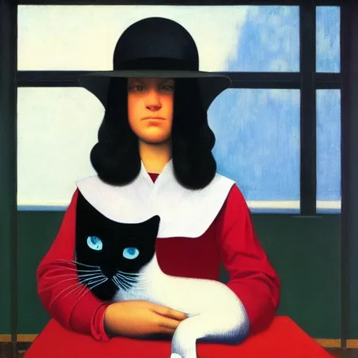 Image similar to a girl and her cat by Raphael, Hopper, and Rene Magritte. detailed, romantic, enchanting, trending on artstation.