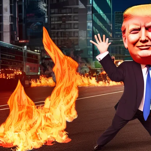 Prompt: photo realistic donald trump on fire crossing the street busy traffic no one cares