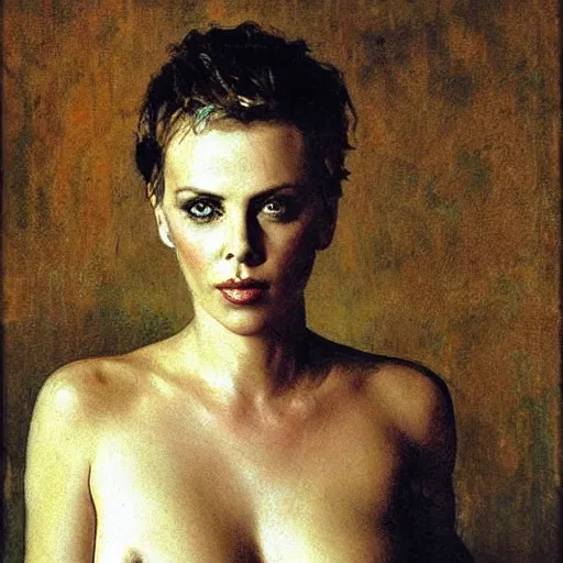 Prompt: frisky charlize theron by ilya repin