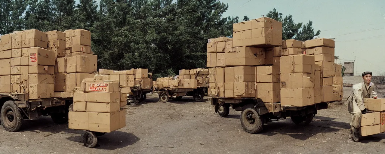 Image similar to transporting spaghetti boxes, world war 2, u. s. army, canon 5 0 mm, kodachrome, in the style of wes anderson, retro