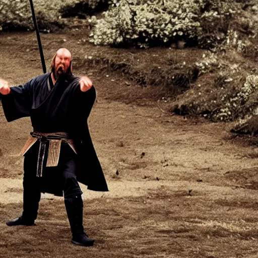 Image similar to an film still of triple h as samurai, cinematic, dramatic action
