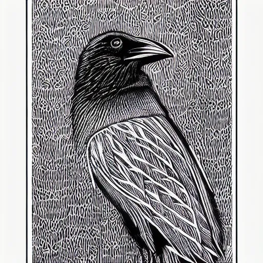 Prompt: crow, detailed intricate block print, 4k, black ink on white paper