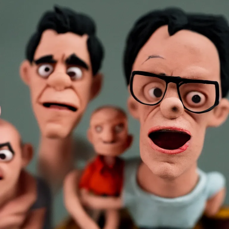 Image similar to a cinematic film still of a claymation stop motion film starring johnny knoxville and steve - o, portrait, shallow depth of field, 8 0 mm, f 1. 8