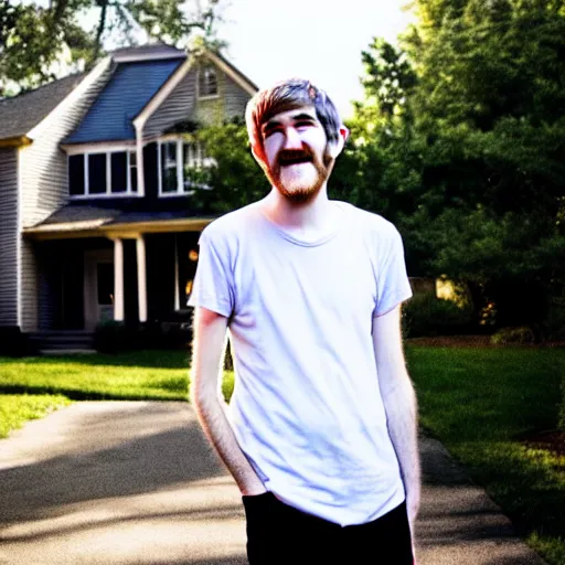 Image similar to bearded bo burnham outside of his house, smiling and dancing