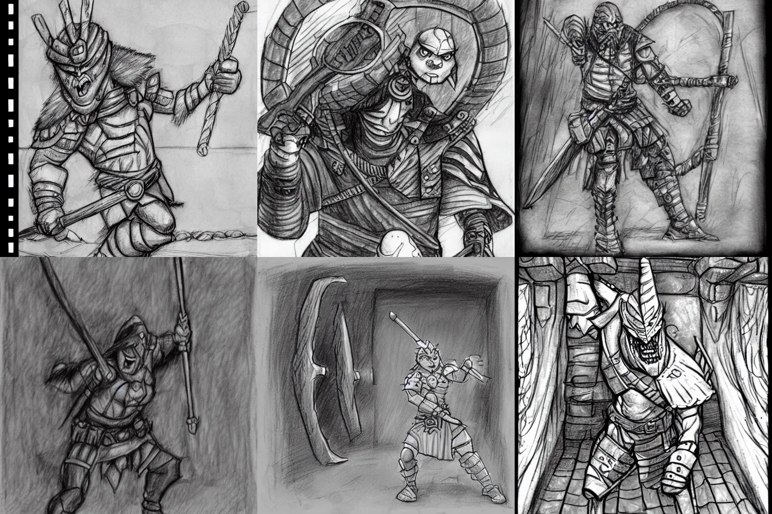 Prompt: a warrior avoids a trap, dungeon background, comic expression, exaggerated, pencil sketch