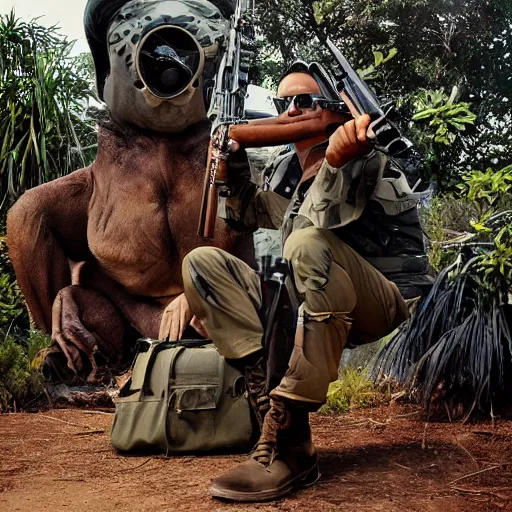 Image similar to futuristic big game hunter sitting for a photo next to his large alien creature, proud, feat, wild world, large futuristic rifle, colonial helmet, style of moebius