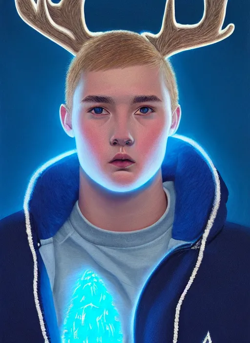 Image similar to portrait of high school senior boy named big moose, blonde short hair, jock, beefy, wide face, square jaw, square facial structure, blue varsity jacket with the word moose, intricate, elegant, glowing lights, highly detailed, digital painting, artstation, concept art, sharp focus, illustration, art by wlop, mars ravelo and greg rutkowski