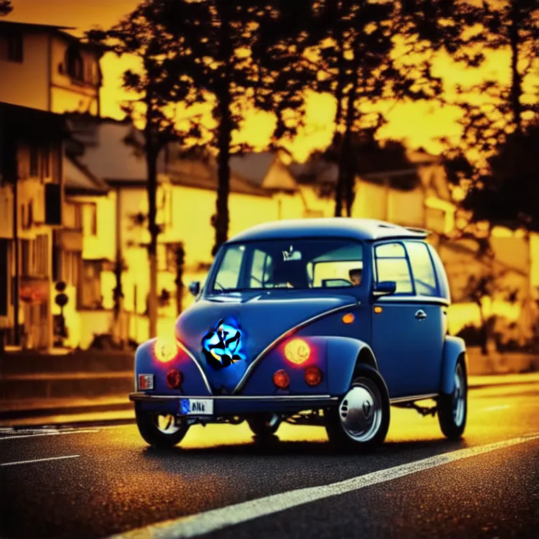 Image similar to close-up-photo VW beech buggy middle of street, sunset kanagawa prefecture, night, cinematic color, photorealistic, highly detailed,