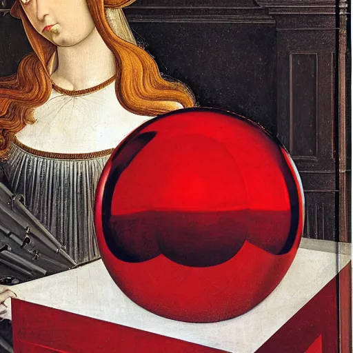Prompt: chrome spheres on a red cube by sandro botticelli