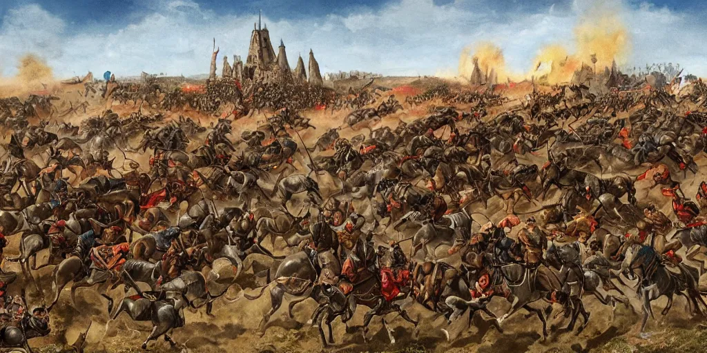 Image similar to medieval battlefield filled with cavalry fleeing from monster trucks