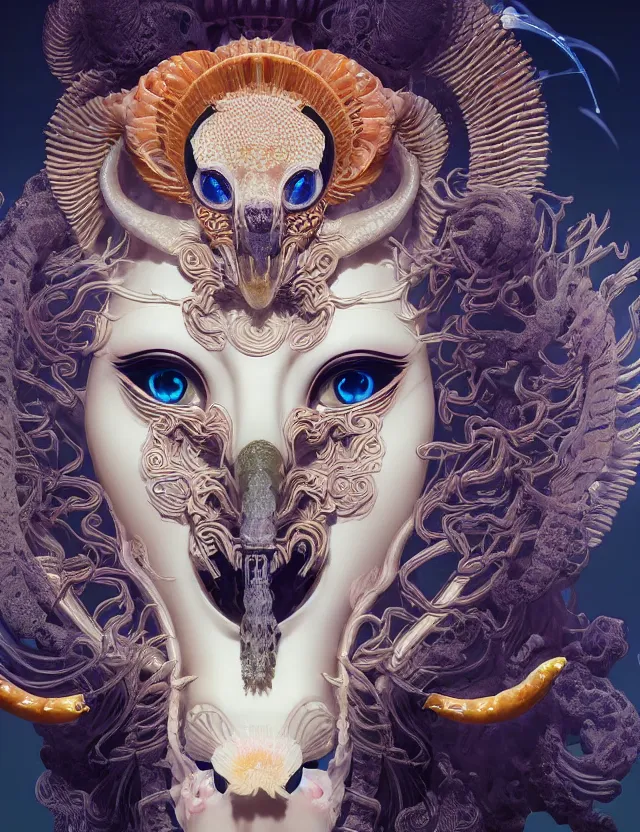 Image similar to 3 d goddess close - up frontal portrait with ram skull. beautiful intricately detailed japanese crow kitsune mask and clasical japanese kimono. betta fish, jellyfish phoenix, bio luminescent, plasma, ice, water, wind, creature, artwork by tooth wu and wlop and beeple and greg rutkowski