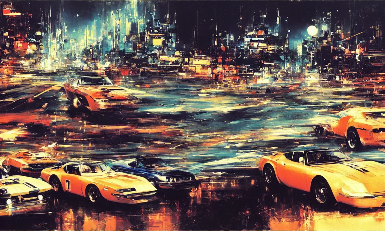 Prompt: sports car cruising throught a night city by john berkey, masterpiece