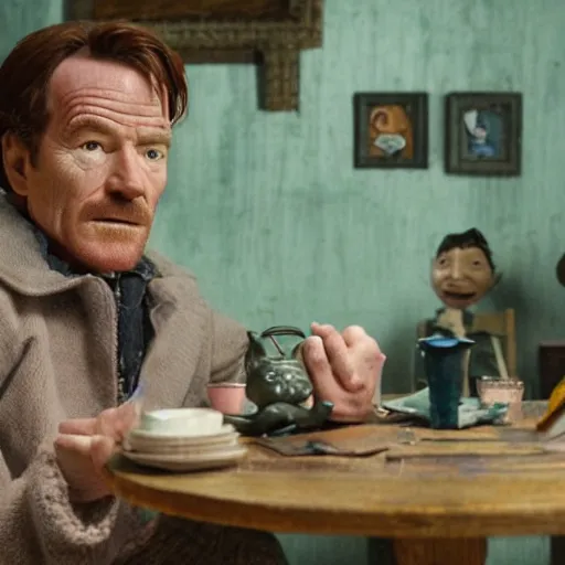 Image similar to A still of Bryan Cranston in the film Coraline, highly detailed, very detailed, extremely detailed, detailed, HD Quality, taken in the mid 2000s, film still