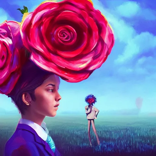 Image similar to portrait, giant rose flower head, girl in a suit, surreal photography, sunrise, blue sky, dramatic light, impressionist painting, digital painting, artstation, simon stalenhag