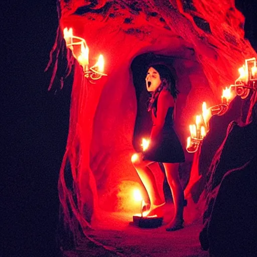 Prompt: style of Henry Peach Robinson and Charlie Bowman:: The interior of an cave lit in red:: symmetrical detailed woman Stella Maeve who is screaming scared face:: blue neon light coming from the back of the cavern:: mysterious atmosphere::