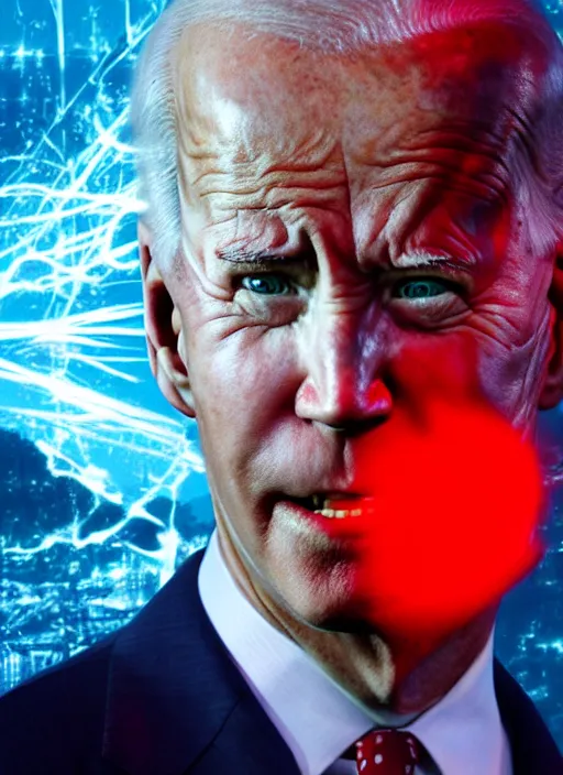 Image similar to hyper realistic ultra realistic terror photo furious red glowing laser eyes biden, high quality photo, detailed , 8k