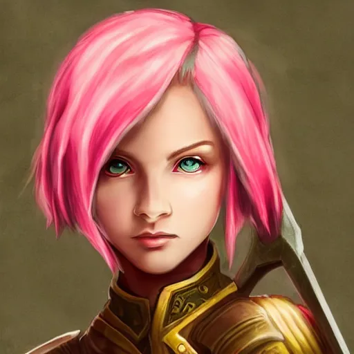Image similar to beautiful, pink short haired, half elf woman, healer wearing cleric clothing and holding a shield, dungeons and dragons, character portrait, full face render, crimson eye color, illustration drawing, cell shaded, anime style 4 k, 8 k, hyper detailed, back lighting