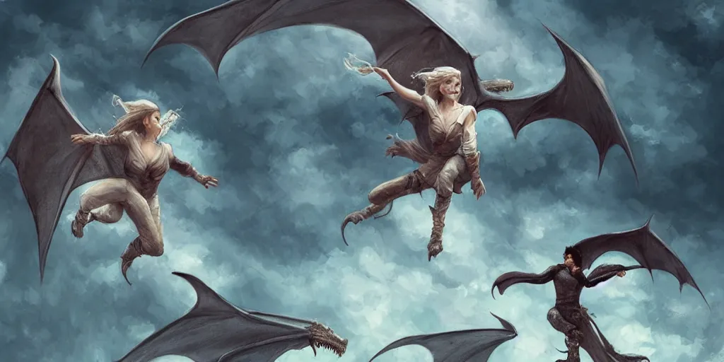 Image similar to Emilia Clarke jumping over a pit with dragons behind her in the air, artwork by charlie bowater