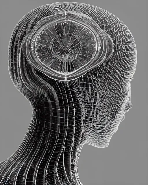 Image similar to mythical dreamy black and white organic bio-mechanical spinal ribbed profile face portrait detail of translucent steampunk mechanical beautiful female angelic-human-queen-realistic-cyborg, highly detailed, intricate crystal jelly ornate, poetic, 3D render, digital art, octane render, 8K artistic photography, photo-realistic, by Dora Maar