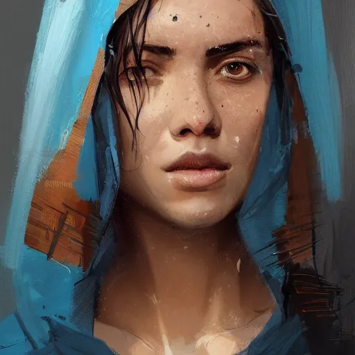 Image similar to Portrait of a woman by Greg Rutkowski, she is about 30 years old, middle eastern features, freckles, black straight hair, attractive, annoying sister vibes, she is wearing blue utilitarian jumpsuit, highly detailed portrait, digital painting, artstation, concept art, smooth, sharp foccus ilustration, Artstation HQ.