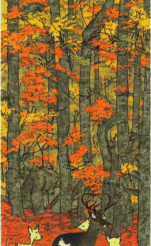 Prompt: by akio watanabe, manga art, deer jumping around maple forest, fall season, trading card front