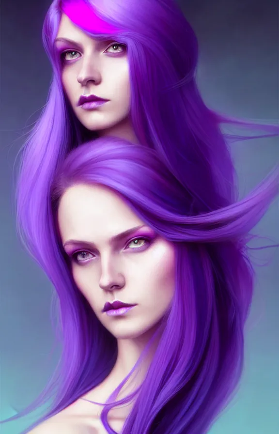 Image similar to Purple hair relistic Portrait of a woman with bright colored flying hair, all shades of purple. Hair coloring, long hair, blue eyes, fantasy, intricate, elegant, highly detailed, digital painting, artstation, concept art, smooth, sharp focus, illustration, art by artgerm and greg rutkowski and alphonse mucha