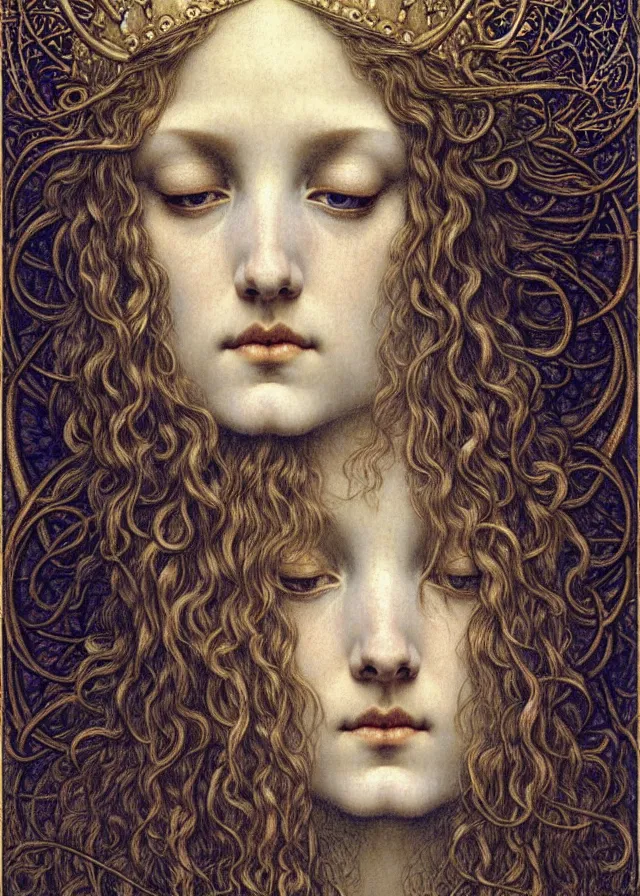 Image similar to detailed realistic beautiful young medieval queen face portrait by jean delville, gustave dore and marco mazzoni, art nouveau, symbolist, visionary, gothic, pre - raphaelite. horizontal symmetry