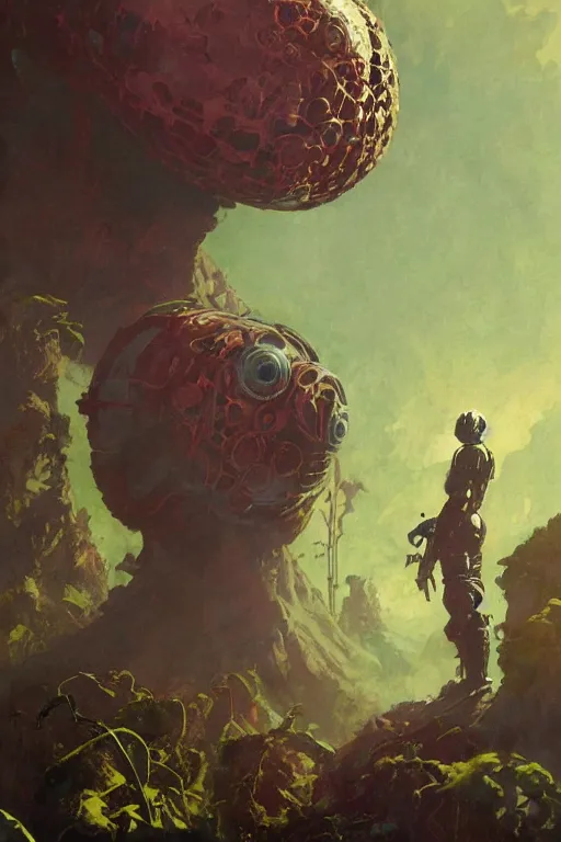 Image similar to pulp scifi fantasy illustration full body portrait of robby the robot on forbidden plant, monster from the id in the background, by norman rockwell, jack kirby, bergey, craig mullins, ruan jia, jeremy mann, tom lovell, 5 0 s, astounding stories, fantasy