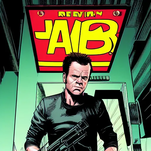 Prompt: Jack Bauer as a comic book hero fighting off evil, 4k, comic book cover