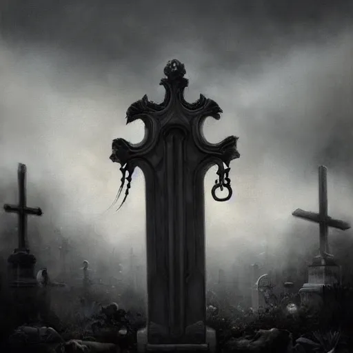 Image similar to By Tom Bagshaw and Boris Vallejo, ultra realist soft painting of a cemetery by night, centered fading Muerte fully dressed, horror, omnious sky, symmetry accurate features, very intricate details, black and white, volumetric light clouds