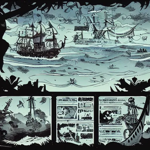 Prompt: treasure map adventures : : 1, large pirate ship, mike mignola style, comics, beautiful composition, wide angle, colorful, cinematic, volumetric lighting, intricate details