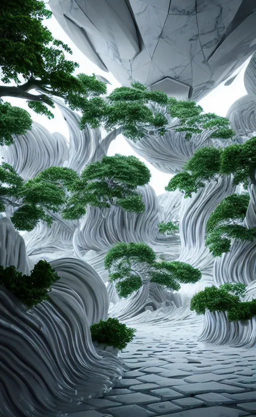 Image similar to highly detailed ultra sharp 3 d render cinematic composition of a smooth ceramic porcelain magnolia stone fluid fractal sci - fi surreal architecture landscape, white marble, magnesium, foliage, archviz, vincent callebaut composition, mamou - mani, beautiful lighting, 8 k, unreal engine, hdr, dof