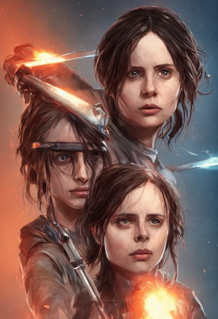 Image similar to portrait of jyn erso with ripped uniform in a glowing cave holding a sparking sword, portrait, profile posing, perfect anatomy, hyper photorealistic, digital photography, artstation, concept art