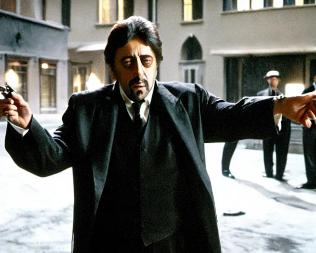 Prompt: mafioso ( al pacino ) casts a spell at some vampires ; scene from the modern hbo mini series / the outfit /, a supernatural mafia crime thriller about magical monster - hunting mafiosi in philadelphia, hd 8 k film photography, with modern supernatural horror aesthetic.