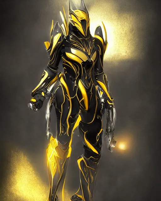 Image similar to black and gold warframe armor cinematic detailed photorealistic digital artwork digital painting