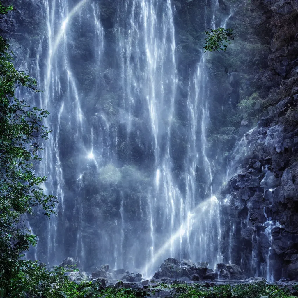 Prompt: huge towering magical waterfall, extreme drama, distant glowing figures, hdr, movie still, fully photorealistic, sharp luminescent focus, nd 6, sony fx 6, glowing luminescent invocations