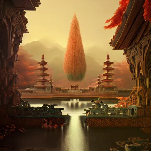 Image similar to infinite final fantasy landscape fall god temple, moody : : wes anderson, roger dean, sophie anderson, esao andrews : : ornate, dynamic, particulate, intricate, elegant, highly detailed, centered, artstation, smooth, sharp focus, octane render, 3 d