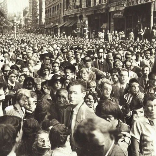 Image similar to a vintage photo of a man with lizard eyes in a crowd of people, old photo, sepia, real photo