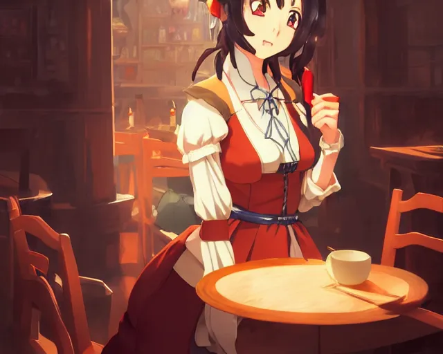 Prompt: anime visual, portrait of a young female traveler in a busy fantasy medieval tavern interior, cute face by yoh yoshinari, katsura masakazu, studio lighting, dynamic pose, dynamic perspective, strong silhouette, anime cels, ilya kuvshinov, cel shaded, crisp and sharp, rounded eyes