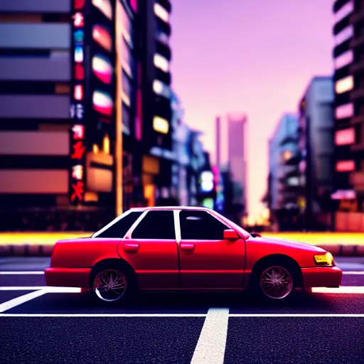 Prompt: a car parked JZX100 at side of road, Shibuya prefecture, city sunset, cinematic color, photorealistic, highly detailed, bokeh, DOF, octane render