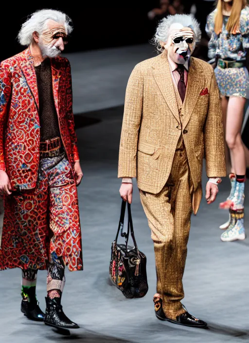 Image similar to hyperrealistic and heavy detailed gucci runway show of albert einstein, leica sl 2 5 0 mm, vivid color, high quality, high textured, real life