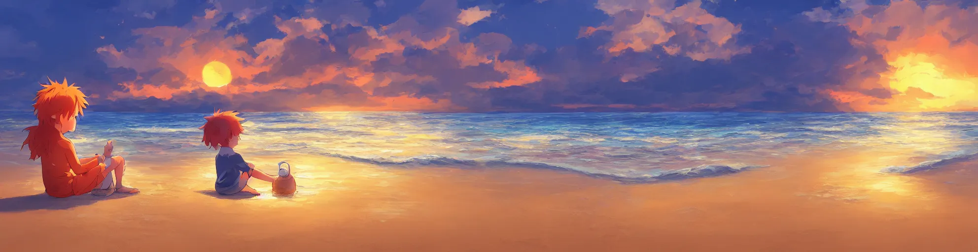 Image similar to beautiful, detailed digital painting of a orange-haired child making sandcastles on the beach and looking at the sunset, anime by Makoto Shinkai, sand, waves, trending on artstation