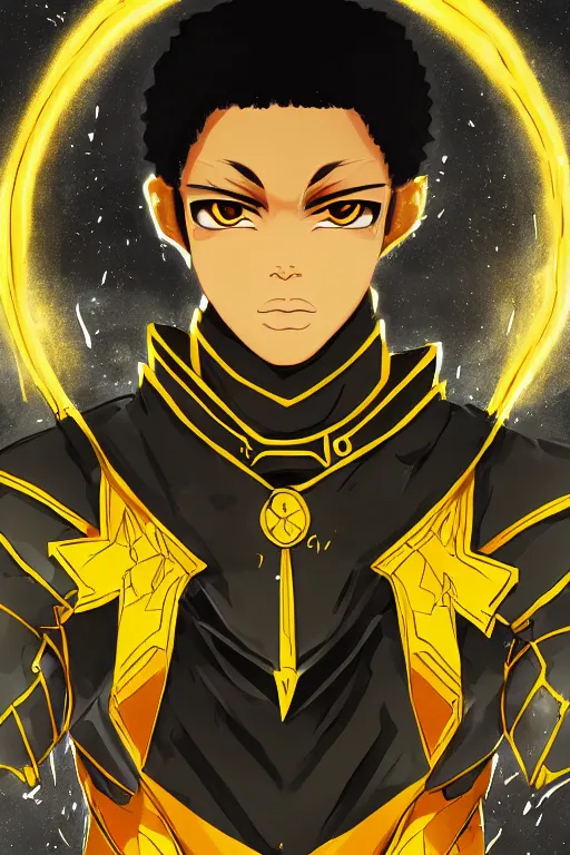 Image similar to glowing black male anime character, short golden hair, yellow eyes, symmetrical, highly detailed, digital art, sharp focus, trending on art station, samurai, electricity superpowers, anime art style