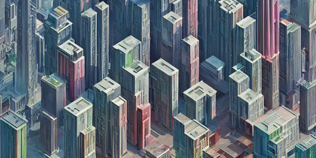 Image similar to high tech building cluster varying heights with exposed sections designed by paul rudolph and frank lloyd wright and bauhaus, trending on artstation, rectilinear, isometric, isometric view, digital art, game art, 8 k, photorealistic, dramatic lighting, colourful matte painting by moebius and nicolas party