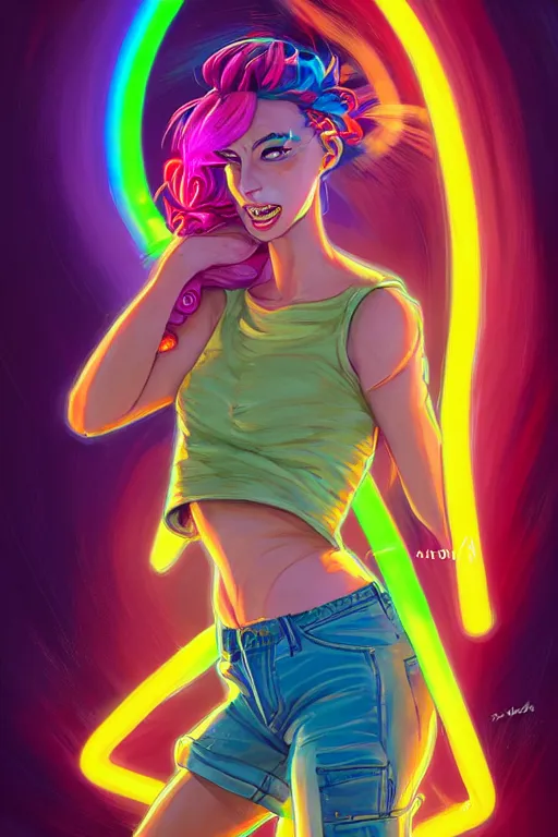 Image similar to a award winning full body portrait of a beautiful woman with stunning eyes in a one off shoulder croptop and cargo pants with rainbow colored hair, outlined by whirling illuminated neon lines and fine lines swirling in circles by jesper ejsing and rhads and makoto and shinkai and lois van baarle, digital art, trending on artstation