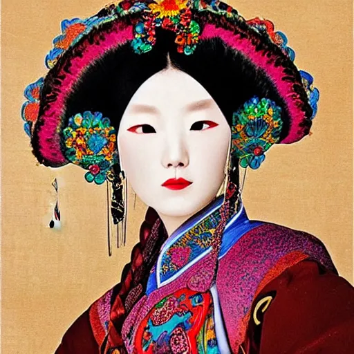 Image similar to impressive colorful portrait of a high fashion wudan girl in a chinese opera headdress, renaissance painting