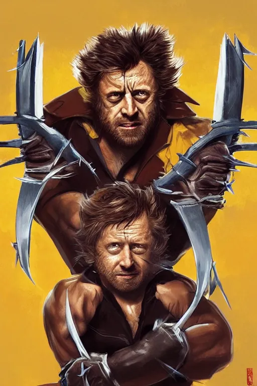 Image similar to Boris Johnson as movie Wolverine, claws are up, yellow X-man costume, Boris Johnson hairstyle, calm, grumpy, portrait, masculine figure, highly detailed, digital painting, artstation, concept art, smooth, sharp focus, illustration, cinematic lighting, art by artgerm and greg rutkowski and alphonse mucha